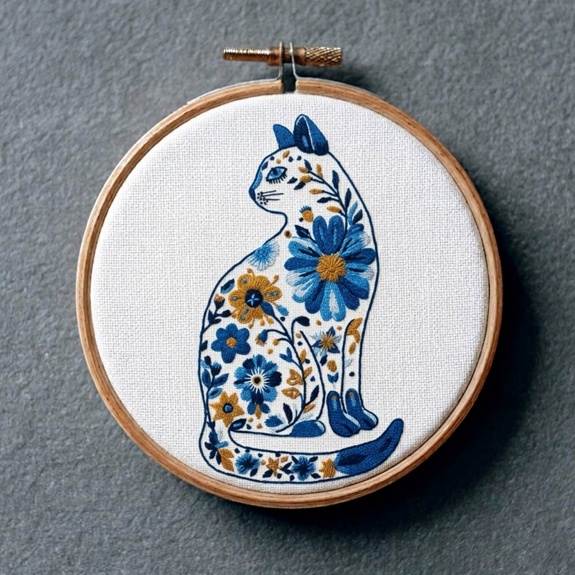 Floral Cat Embroidery Design