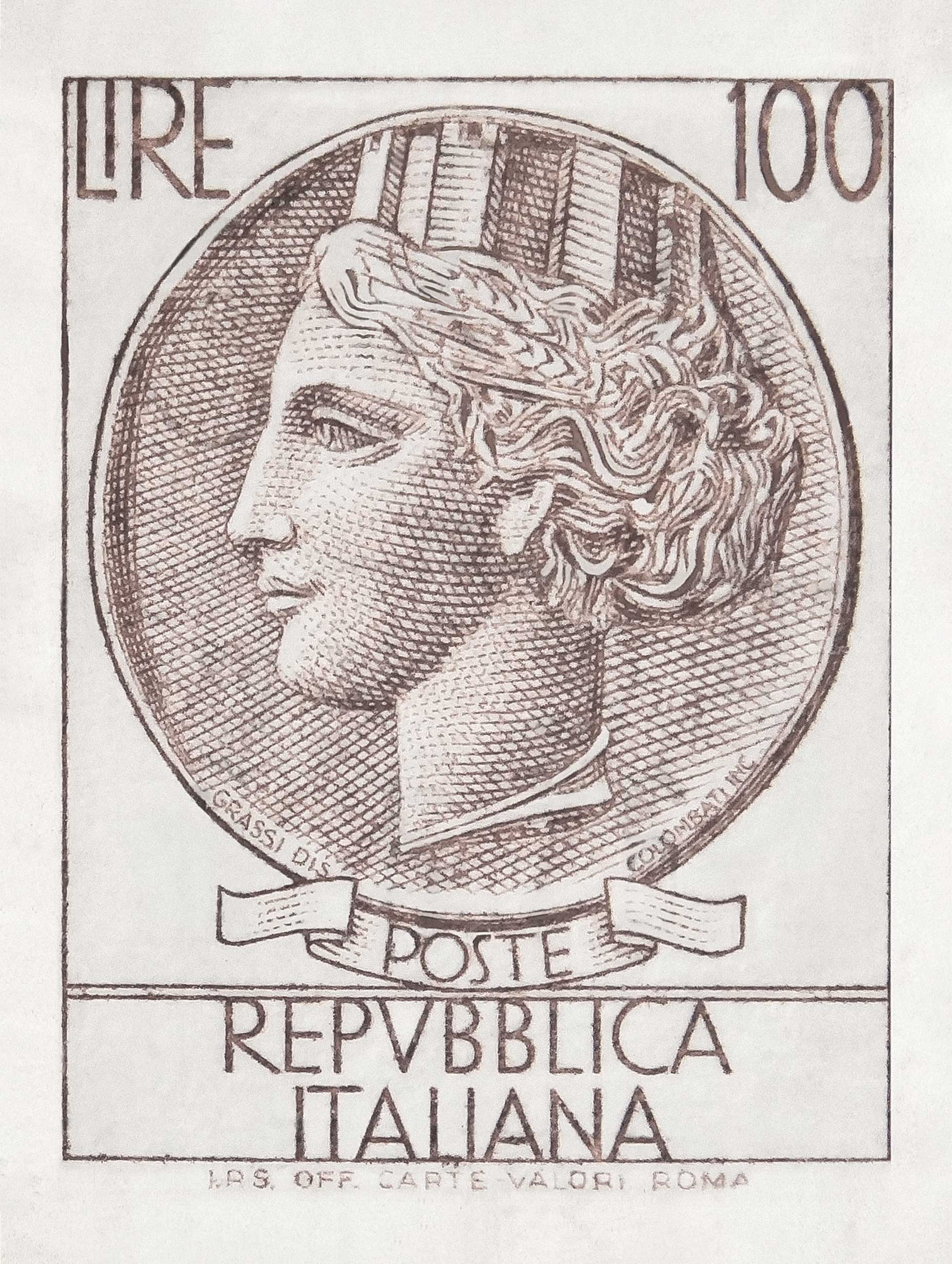 100 Lire Italian Postage Stamp Vintage Poster