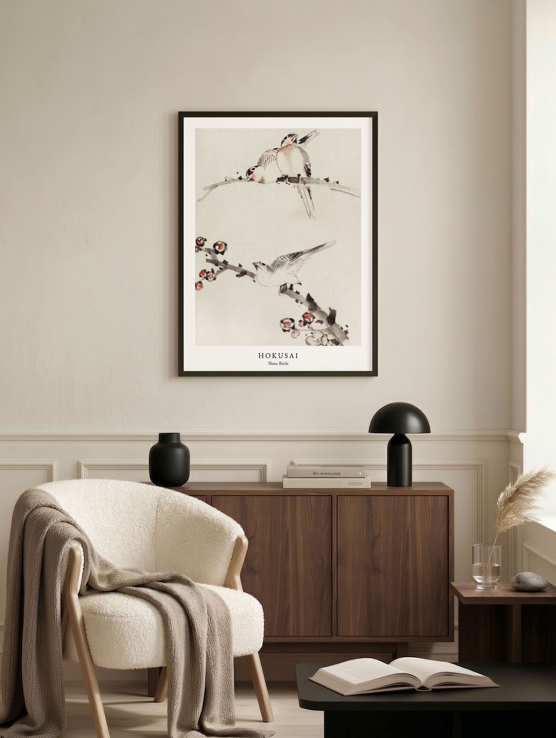 Three Birds Perched on Branches - Katsushika Hokusai Mockup