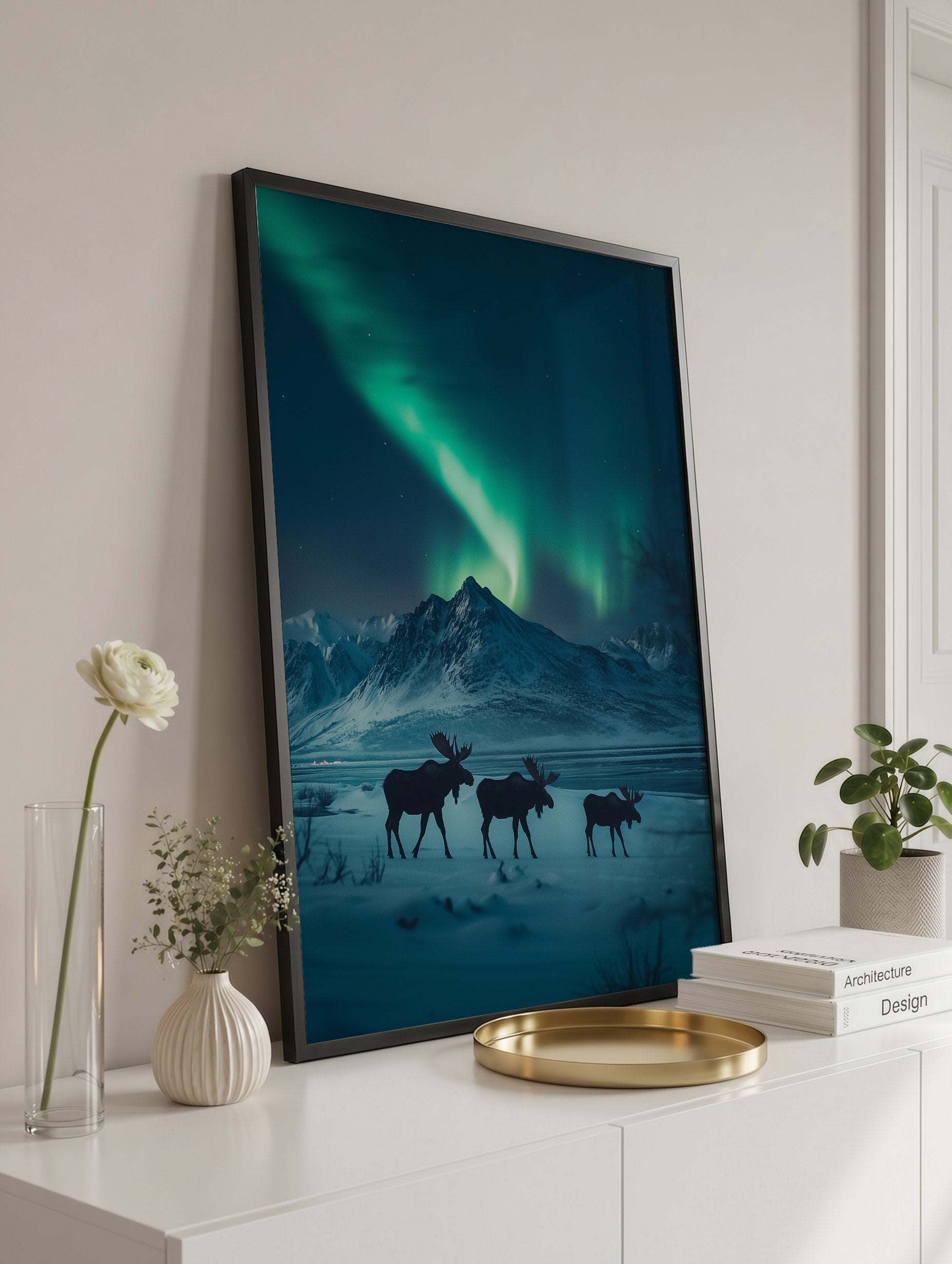 Moose under Aurora Animal Photography Poster Mockup