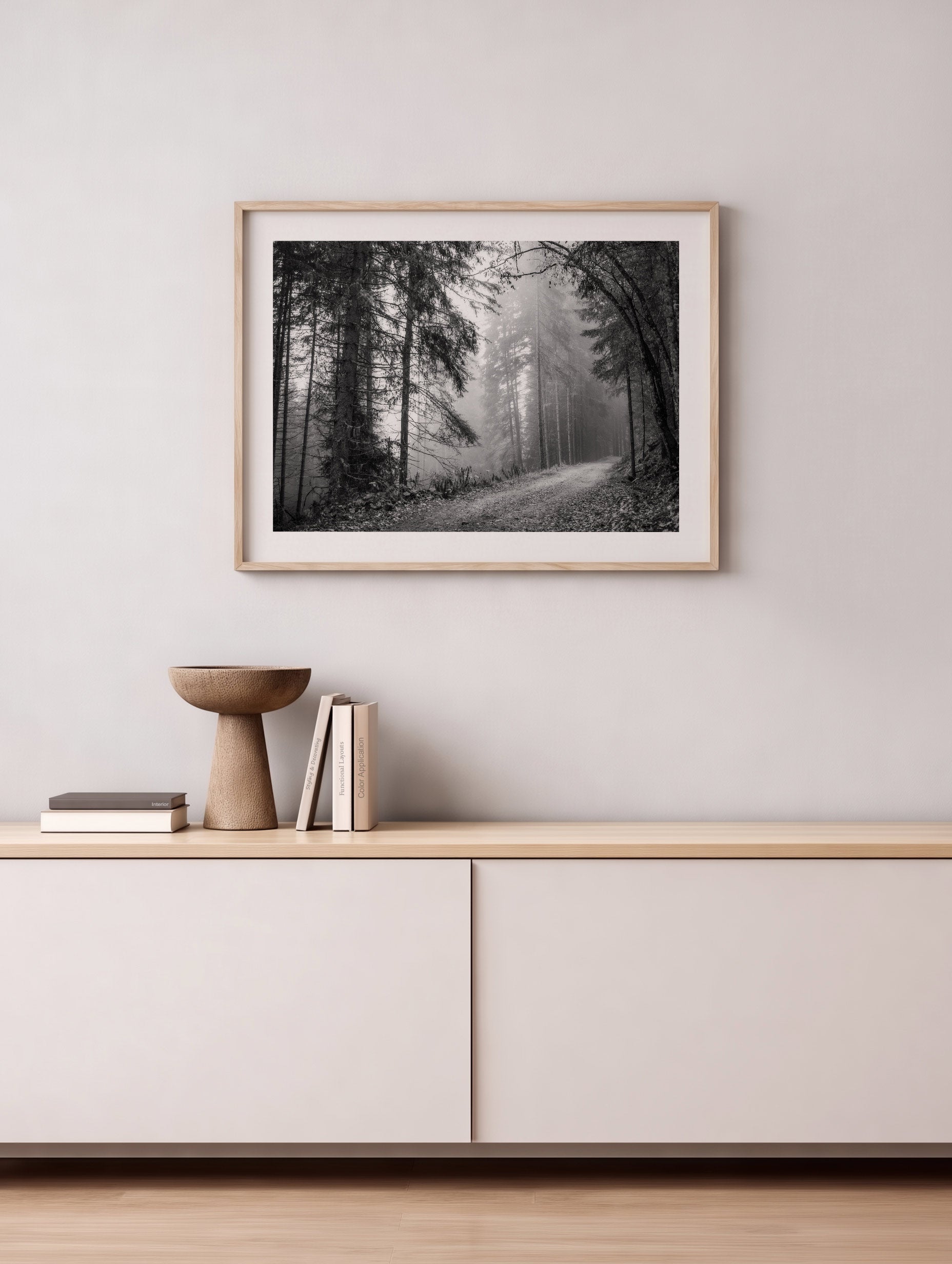 Pathway in a Foggy Woods Poster