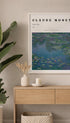 Painting of water lilies by Claude Monet with text indicating the artist and painting title.