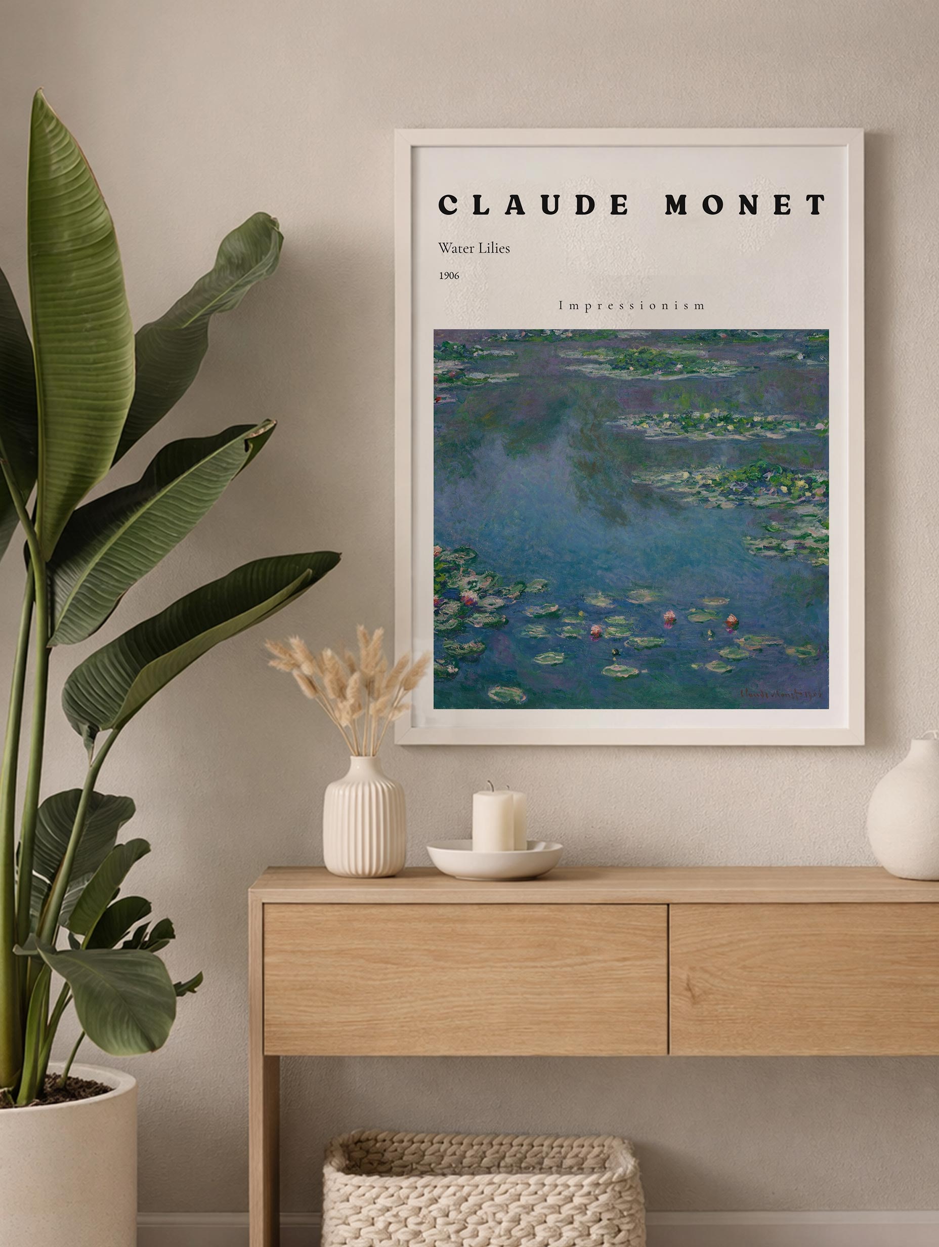 Painting of water lilies by Claude Monet with text indicating the artist and painting title.