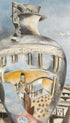 Decorative vase with artistic depiction of a cityscape on a book cover titled 'Souvenir of Florence' by Paul Nash.
